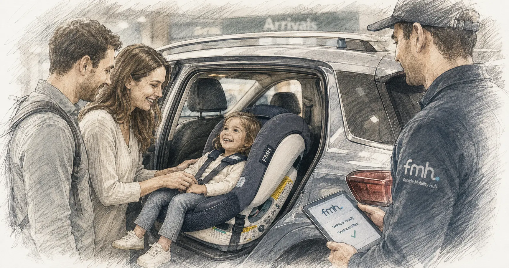 A family arriving at an airport rental pick-up area with a prepared vehicle.